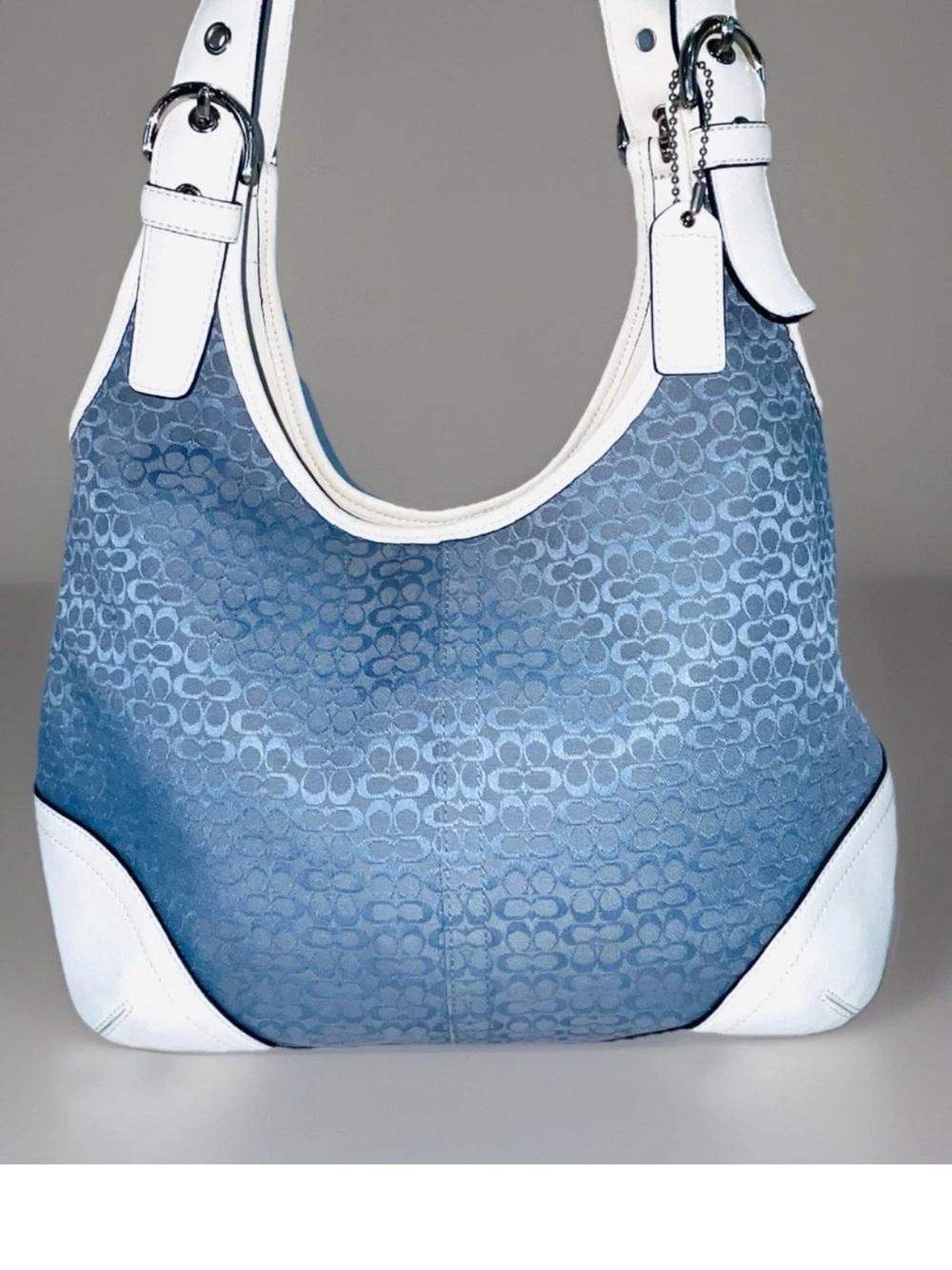 Coach Signature Logo Shoulder Purse Blue W/White Trim Silver Hardware J3K-6800 - Picture 1 of 13